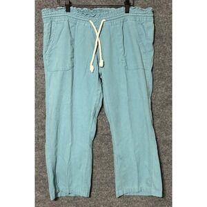 Roxy Teal Blue Smocked Waist Cropped Pants Women's XL Linen Blend Casual Beach